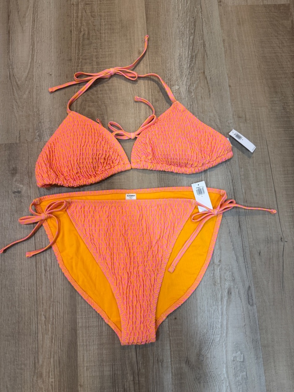 BNWT Old Navy Neon Orange-Pink Textured Tie-Side Bikini